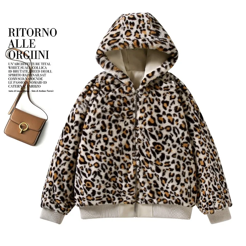 Women Double-sided Penetration Leopard Print Cotton Padded Jacket Winter Coat Parkas Velvet Warm Hooded Retro Female Outerwear