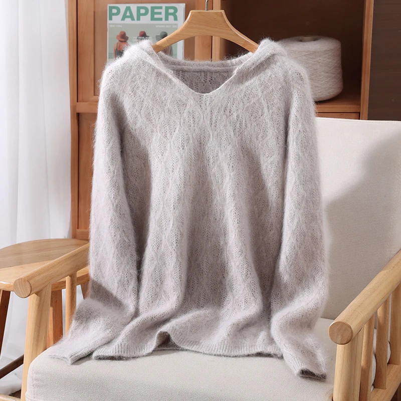 

Осень-зима женский 100% чистый норковый кашемировый свитер с капюшоном и v-образным вырезом, пуловер, повседневный свободный универсальный однотонный вязаный свитер