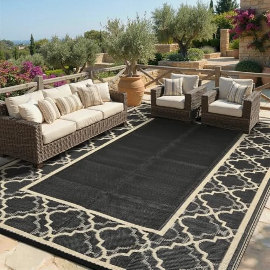

Reversible Outdoor Rug 10x14, Waterproof Plastic Straw Rug in Beige and Gray, Interlacing Pattern, UV-Resistant Quick-Drying fo