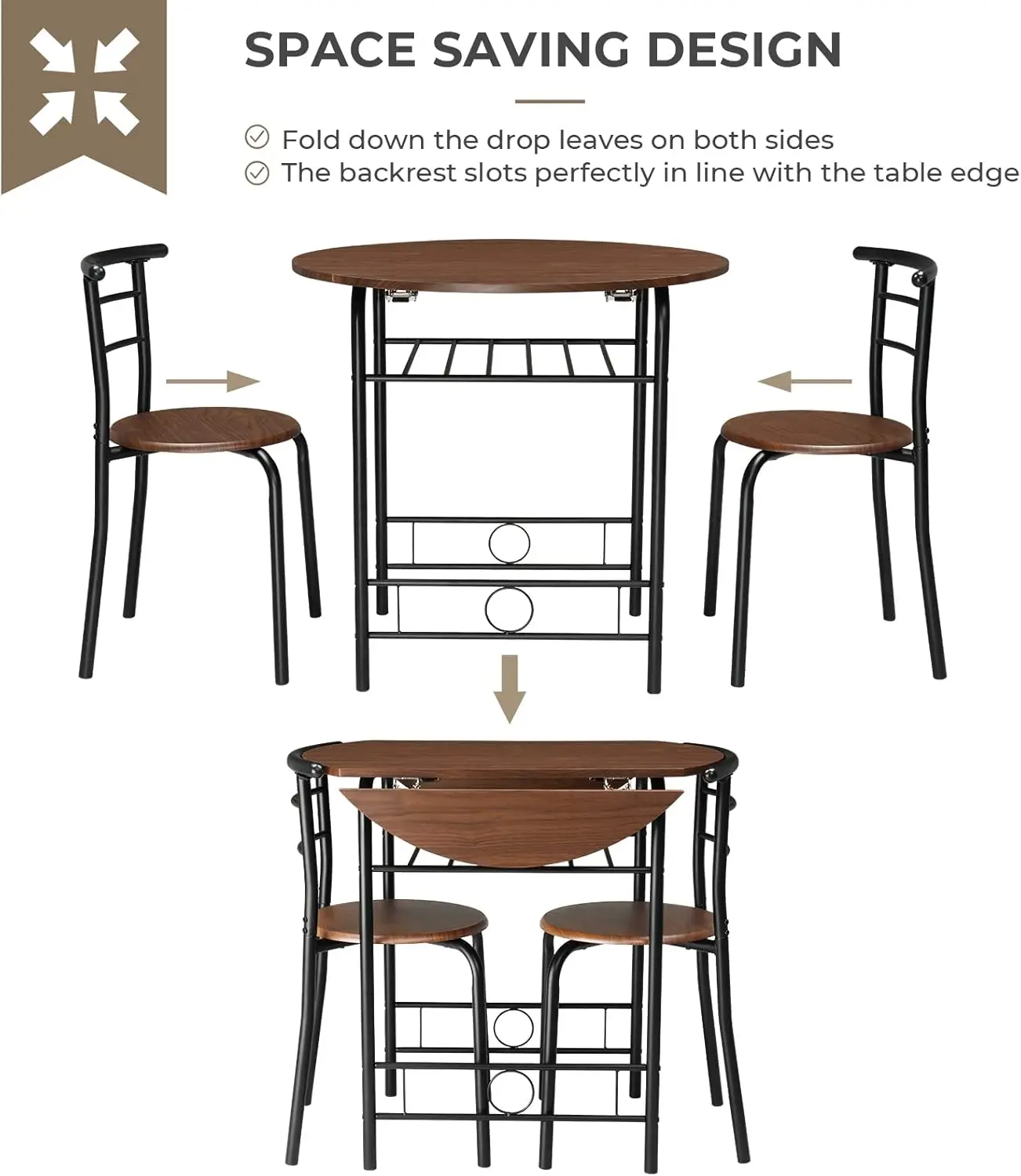 Vingli 31.5"" Drop Leaf Dining Table Set 3 Pieces For Small Space,Small Kitchen Table Set For 2,Round Folding Table With 2