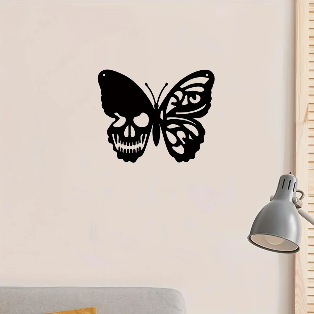 Wall Hanging Sign of Iron Skull Butterfly. Intricate Metal Sculpture for Home Decor, Indoor & Outdoor. Artistic Piece