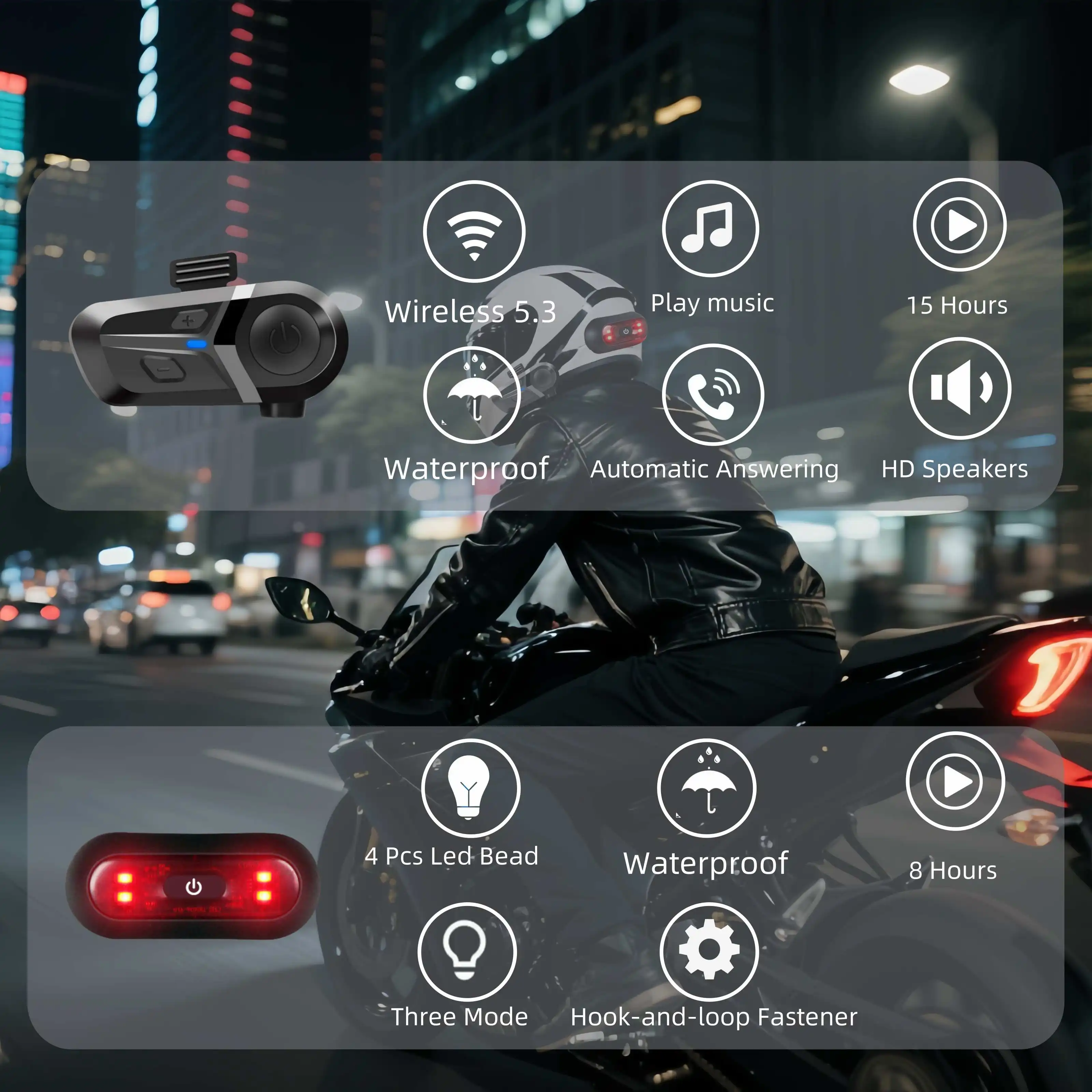 

Motorcycle Helmet Headset and Helmet light Wireless Hand-free Call Phone Motorcycle Waterproof Earphone Music Player Moto Helmet