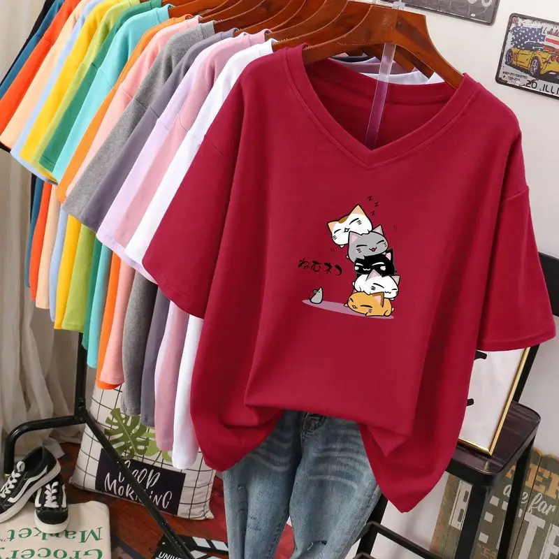 Plus Size 5XL 140KG Summer Cotton T Shirt For Women Kawaii Cat Tees Short Sleeve V Neck Large Tops Oversized Tees