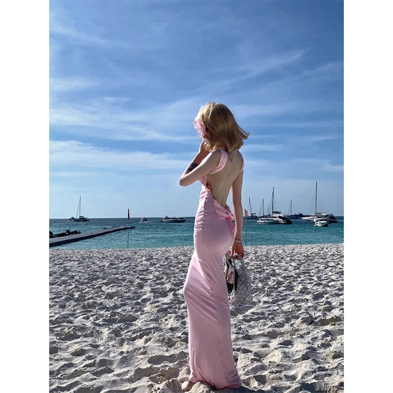 Elegancka Różowa Satynowa Długa Sukienka Damska Moda Impreza Sexy Kokarda Bez Pleców Maxi Sukienki Letnie Gyaru Wakacje Koreańska Obcisła Sukienka Vestidos