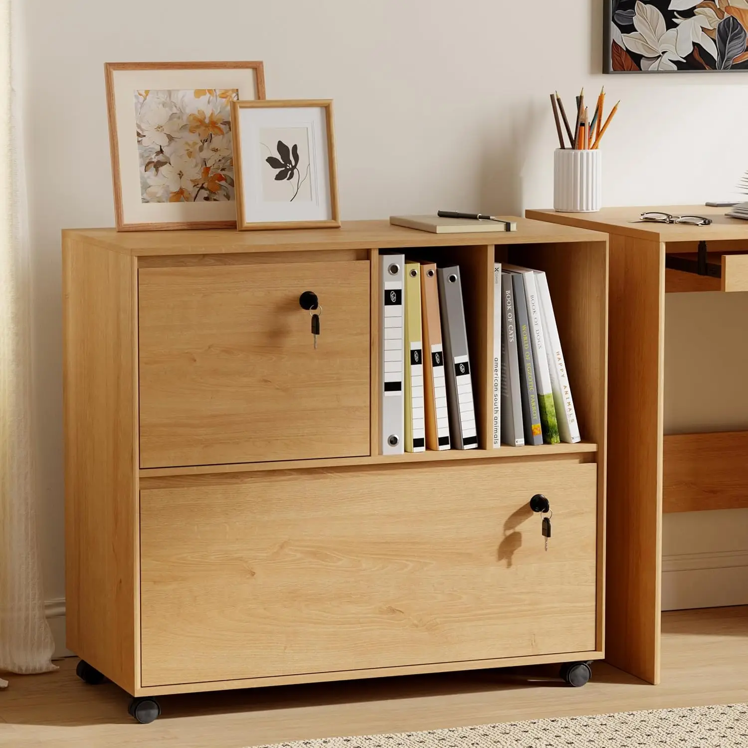 2 Drawer Mobile File Cabinet with Lock & Open Shelves, Fits A4/Letter Files, Printer Stand for Home Office, Oak, Customized