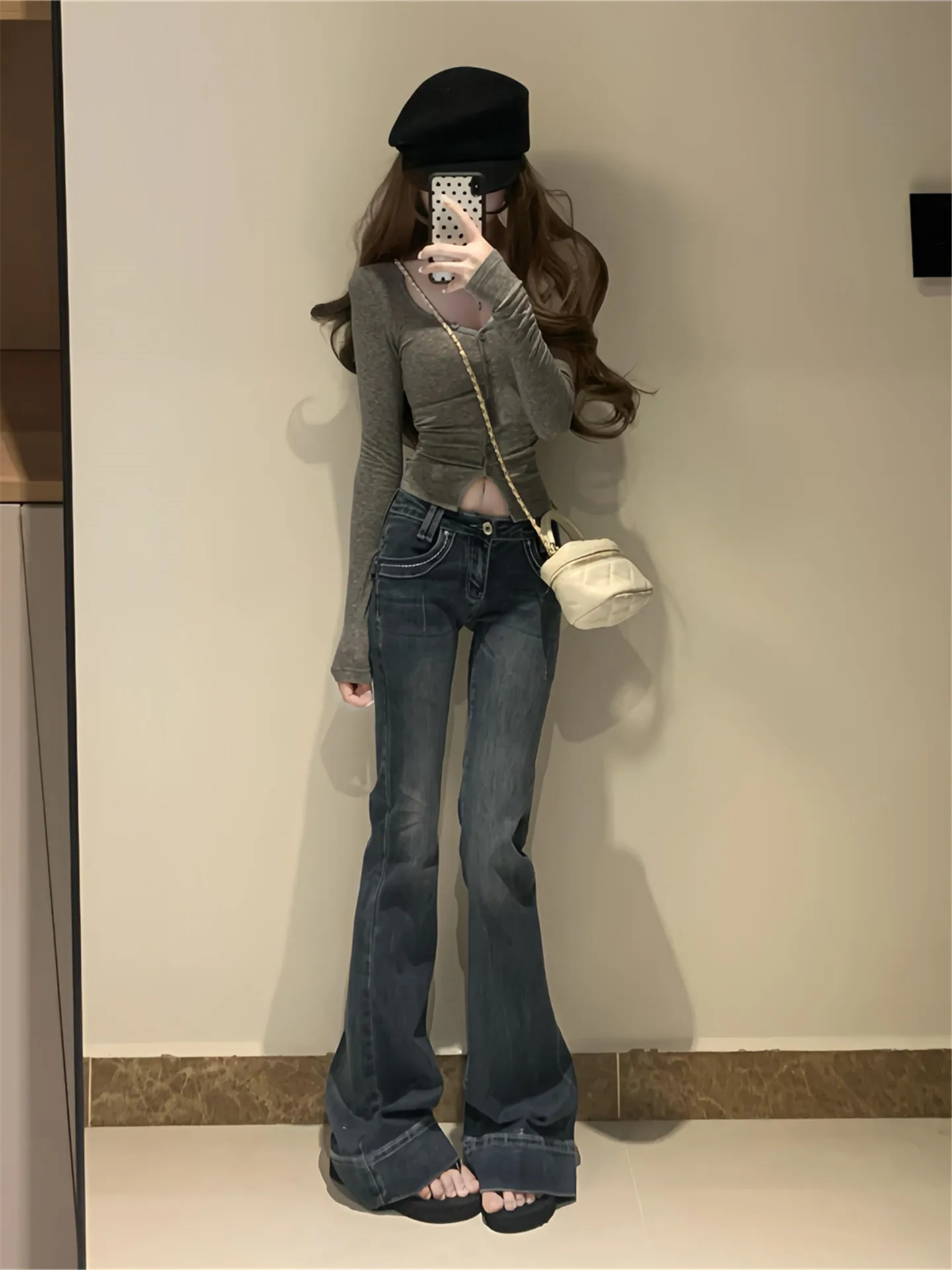 

Extended Size High Waist Bell Bottom Jeans Women's Slim Fit Summer Fashionable Deep Blue Low Rise Denim Pants Casual Wear