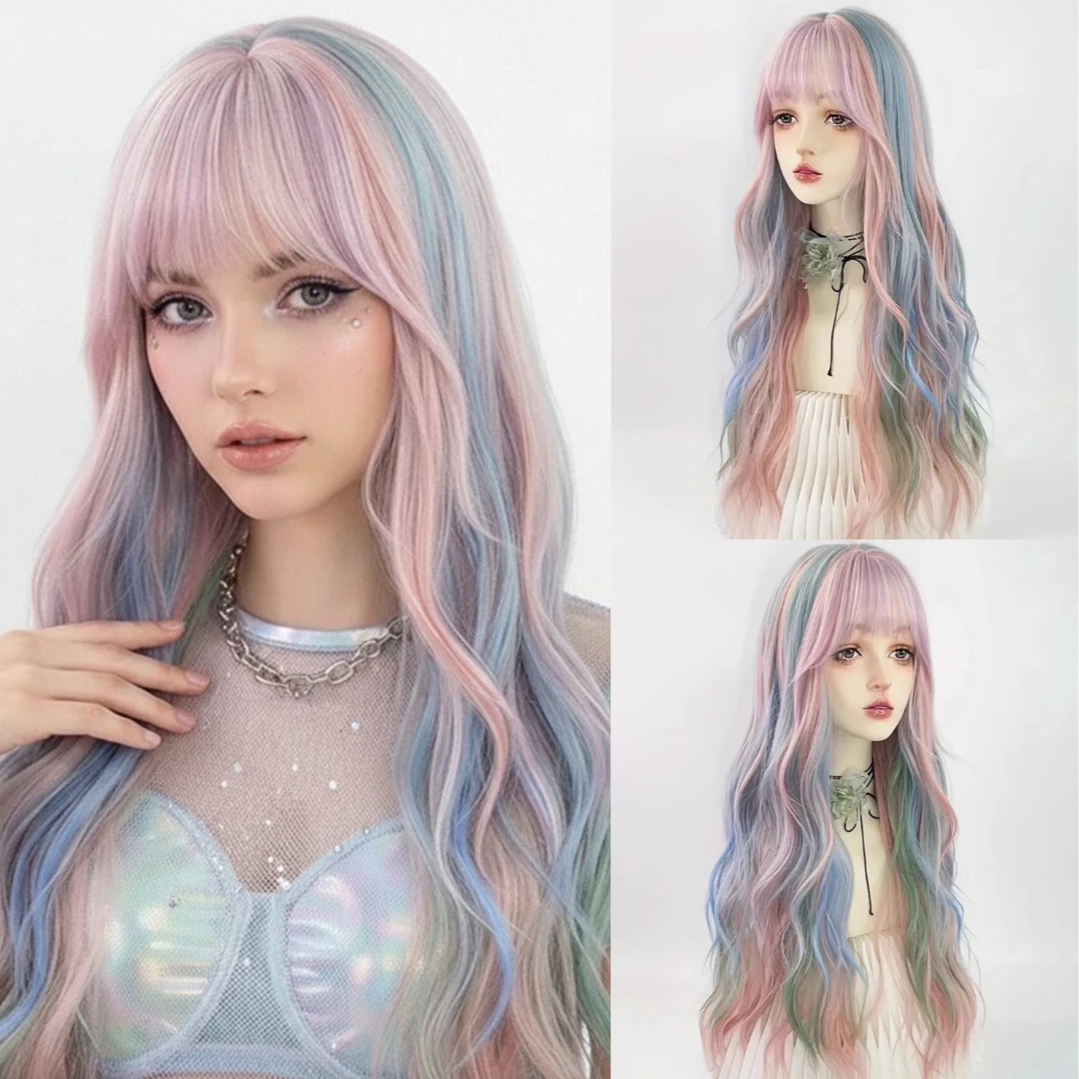 Rainbow Ombre Pink Blue Green Mixed Long Wavy Women Wigs With Bangs Synthetic Lolita Cosplay Wig For Party Heat Resistant
