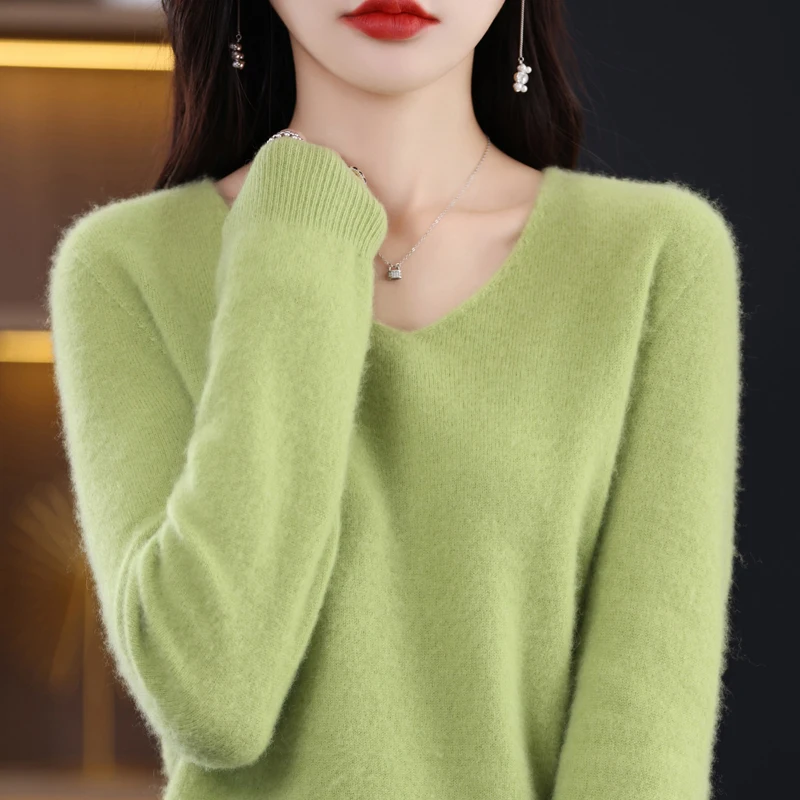 2024 New Wool Sweater Women\'s Fall/Winter 100% Merino Wool Fashion V-Neck Autumn Thermal Pullover Top