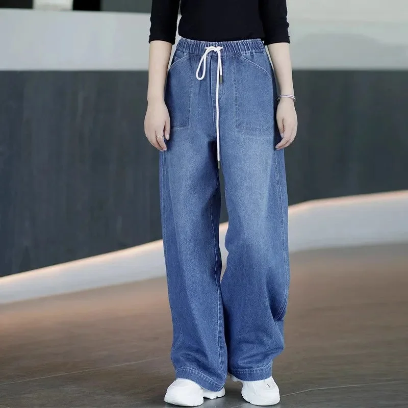 

Femme модные прямые джинсы на шнурке, корейские женские джинсовые брюки с высокой талией, осенние женские широкие ковбойские брюки