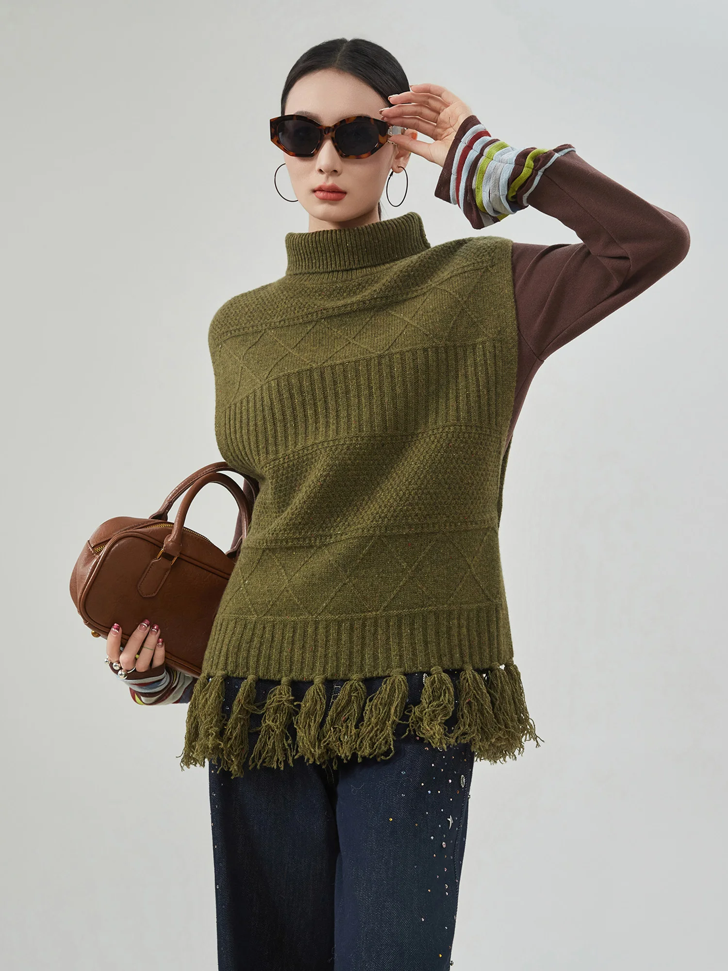 

Handmade Olive een Fringed High Collar Knitted Vest Women's Early Spring New Sle Layering Versatile Svel oulder P...