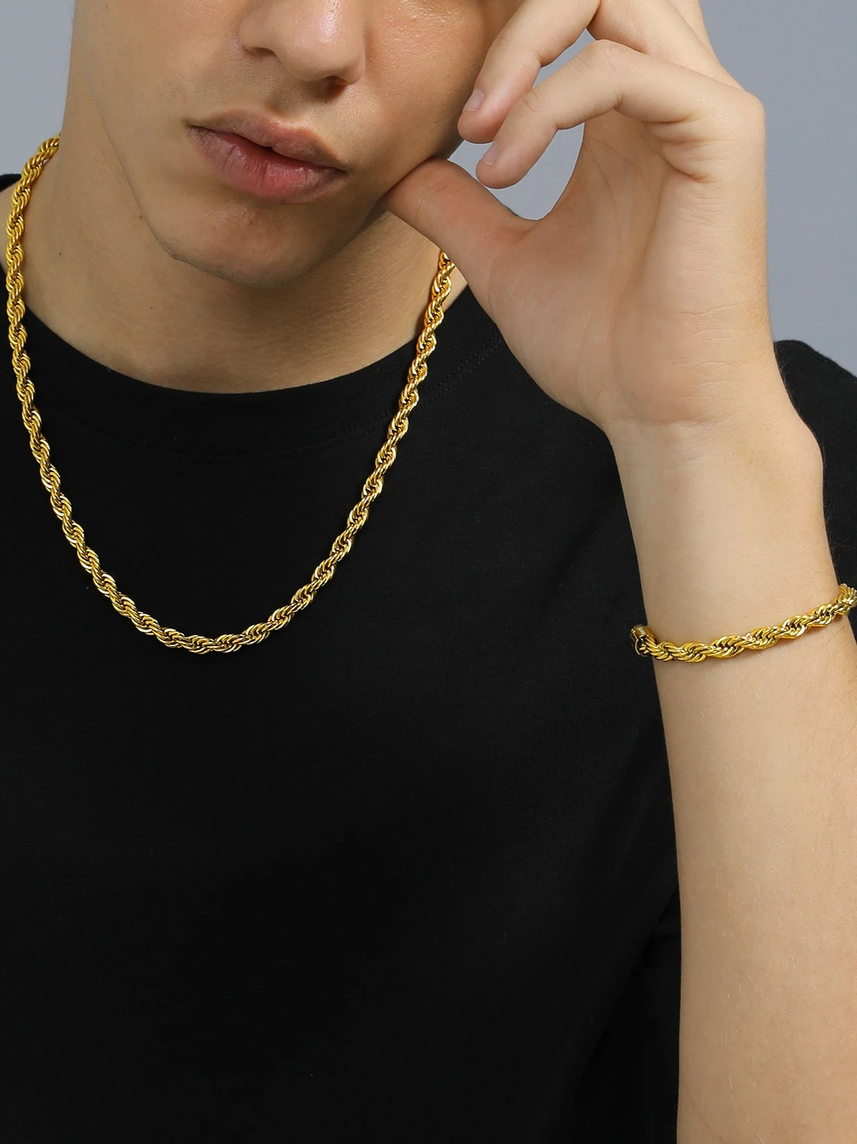 U7 316L Stainless Steel 3mm / 6mm Rope Chain Necklace Bracelets Sets for Men Woman 18-30\