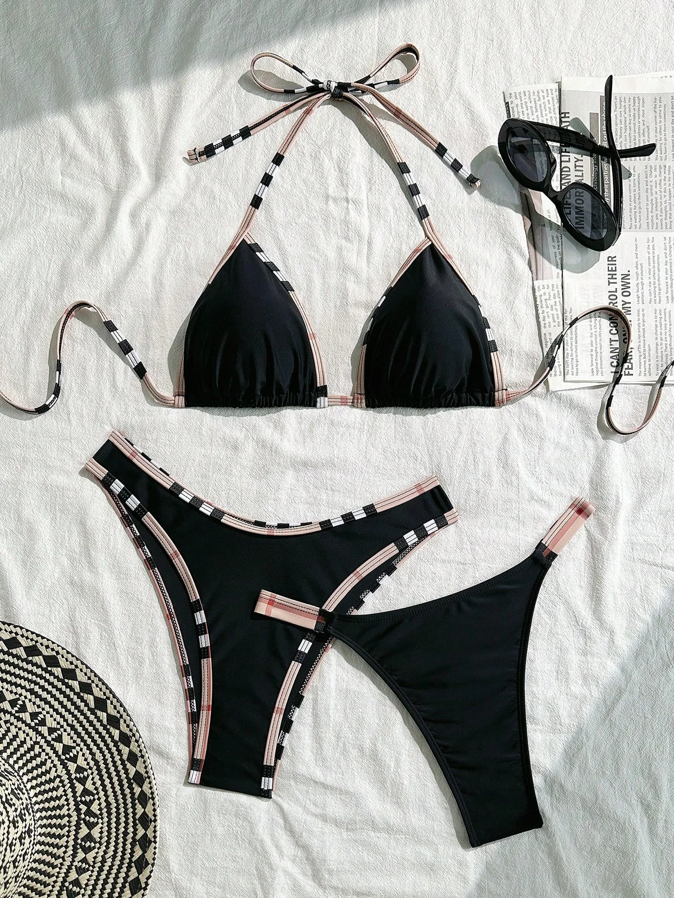 2026 Women Check Print Tie Side 3 Piece Bikini Set Black Triangle Swimsuit Sexy Push Up Tummy Control Beach Vacation Thongs Set