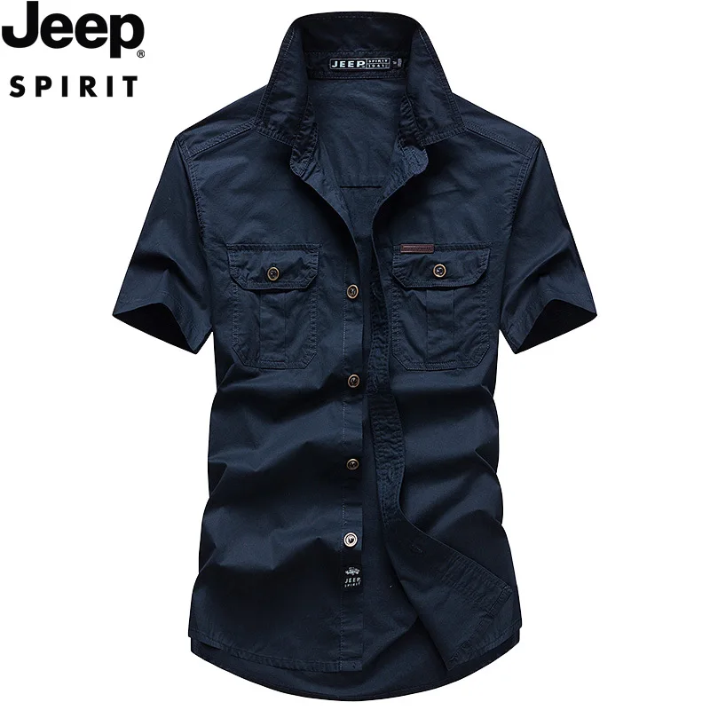 JEEP SPIRIT lente en zomer shirt met korte mouwen heren casual outdoor pocket katoenen ademende effen kleur slanke top met halve mouwen