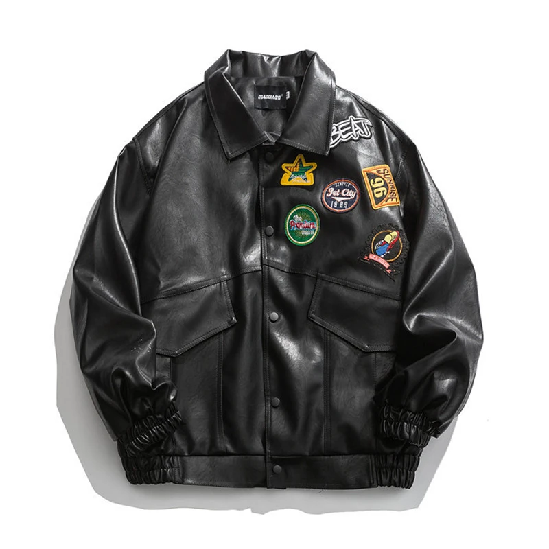 PU Leather Jacket Men Black Soft Leather Jackets Motorcycle Bicycle Fashion Leather Coat Men\'s Embroidered Jacket Pocket Clothes