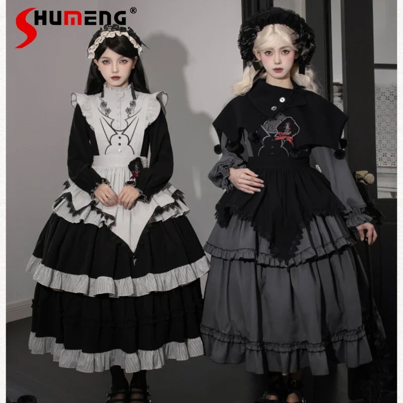 

Japanese Original Design Gothic Three-section Pendulum Embroidered Op Long Dress Autumn Winter Lolita Sweet Cute Vestidos Mujer