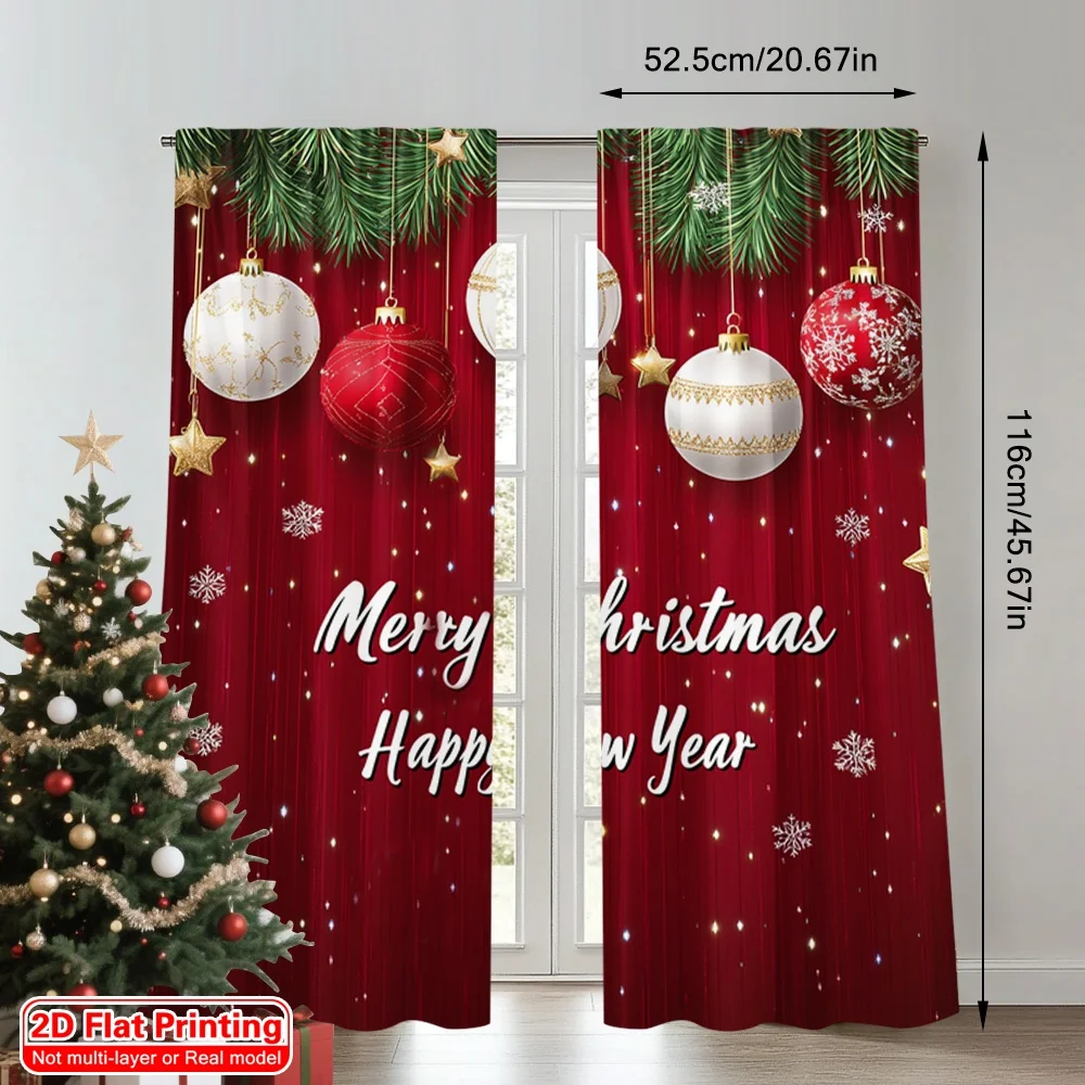 2pcs 2D flat printing Christmas Window Curtains Christmas Background Christmas Gold 100% Polyester Without Electricity Birthday
