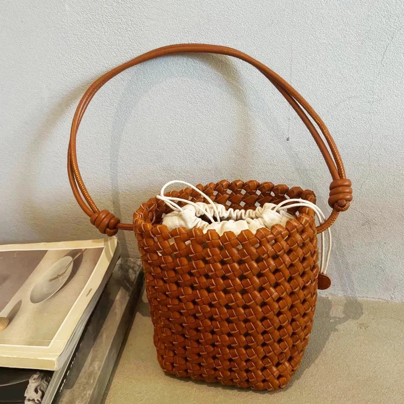 

Korean Hand Woven Mini Bucket Bags For Women Luxury Designer Handbags And Purses 2025 New In PU Cross Hollow Underarm Shoulder