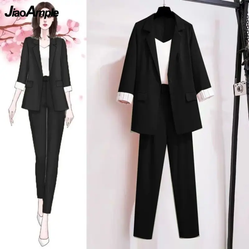 2024 Spring Autumn Women 3 Pcs Pants Set Office Lady Graceful Suit Coat+Sling+Trousers Sets Working Basic Joker Clothing Female