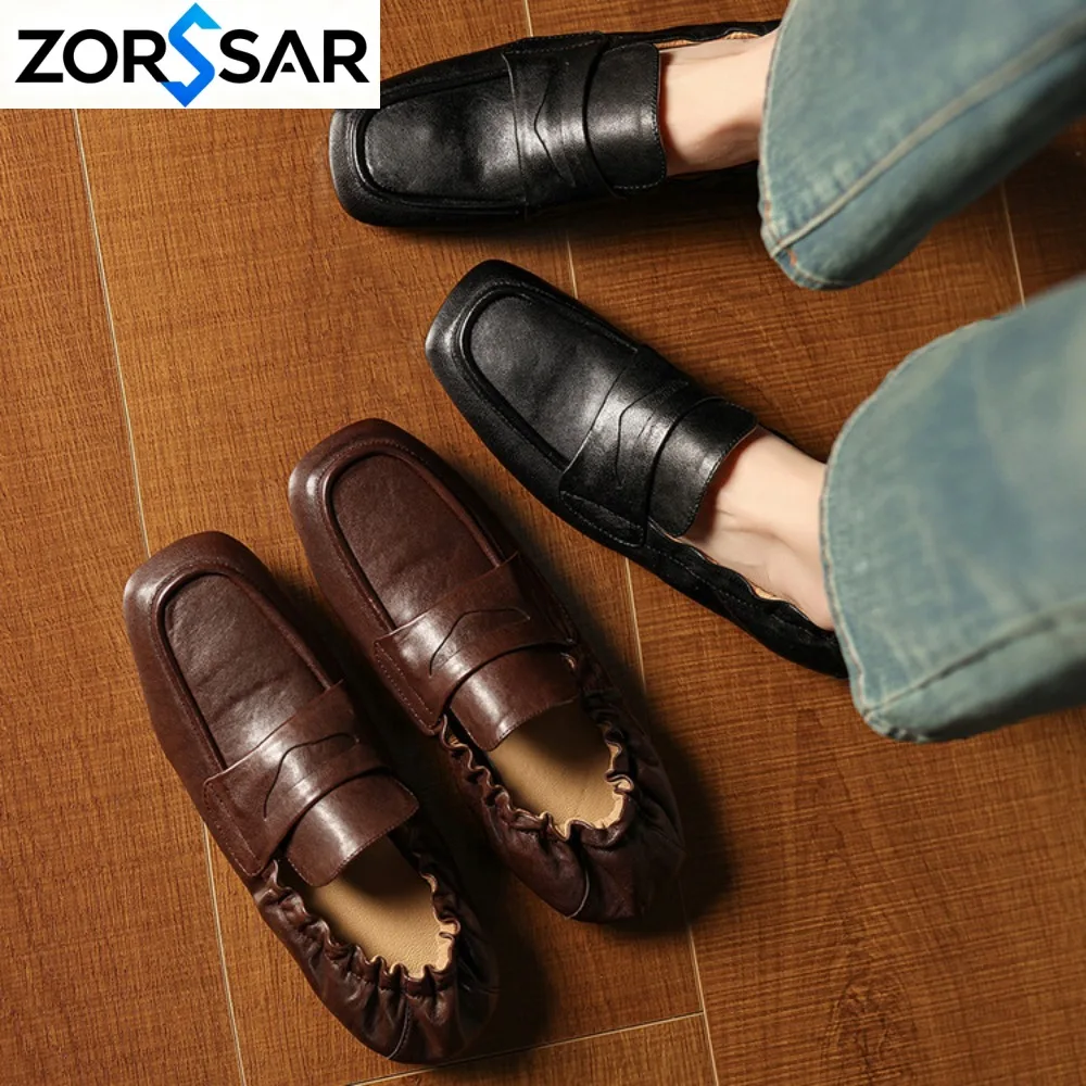 2027 Spring Cow Leather Women Shoes Square Toe Flat Heel Women Loafers Shoes for Women Deep Mouth Loafers Low Heels Ladies Shoes