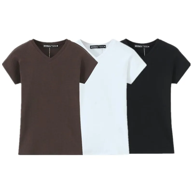 Lente 2025, dames slim fit, rechte pijpen, V-Ne T-shirt, katoenmix, normale lengte, zomer, nieuwe collectie