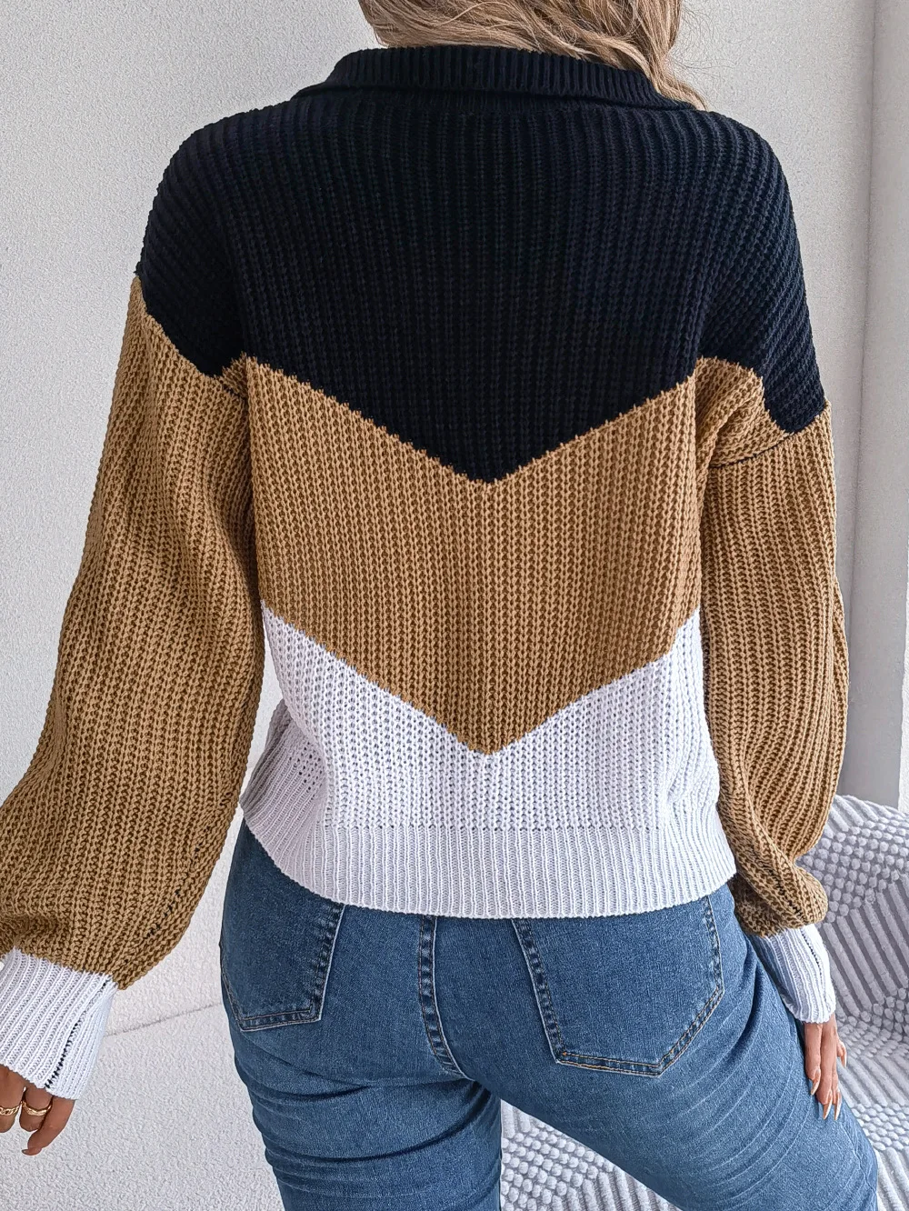 Women Autumn Winter Fall Cable Knit Sweater Long Sleeve Turn Down Collar Color Block Striped Pullover Knitted Jumper Tops