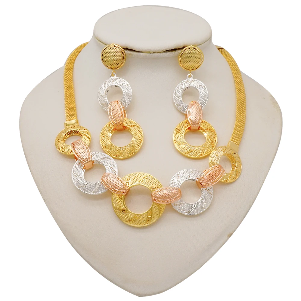 

Multi colored circle necklace earring set Dubai gold-plated wedding party jewelry set