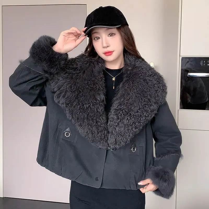 Jaket bulu angsa wanita baru 90% bulu bebek plus bulu kelinci, kerah wol, mantel pendek Haining