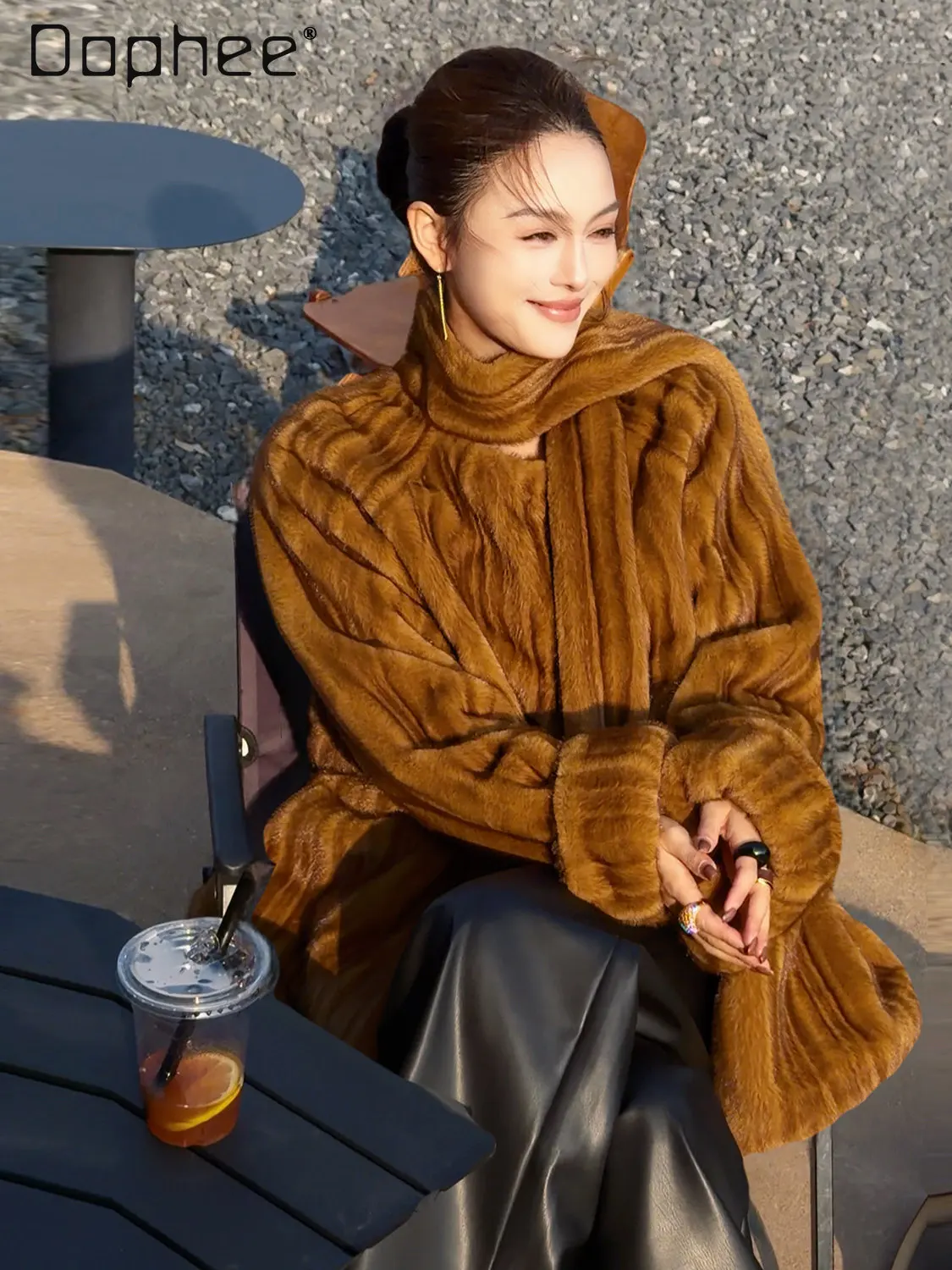 Écharpe intégrée Imitation vison manteau de fourrure écologique mi-long haut de gamme Vintage épaissi veste en peluche fourrure manteaux intégrés