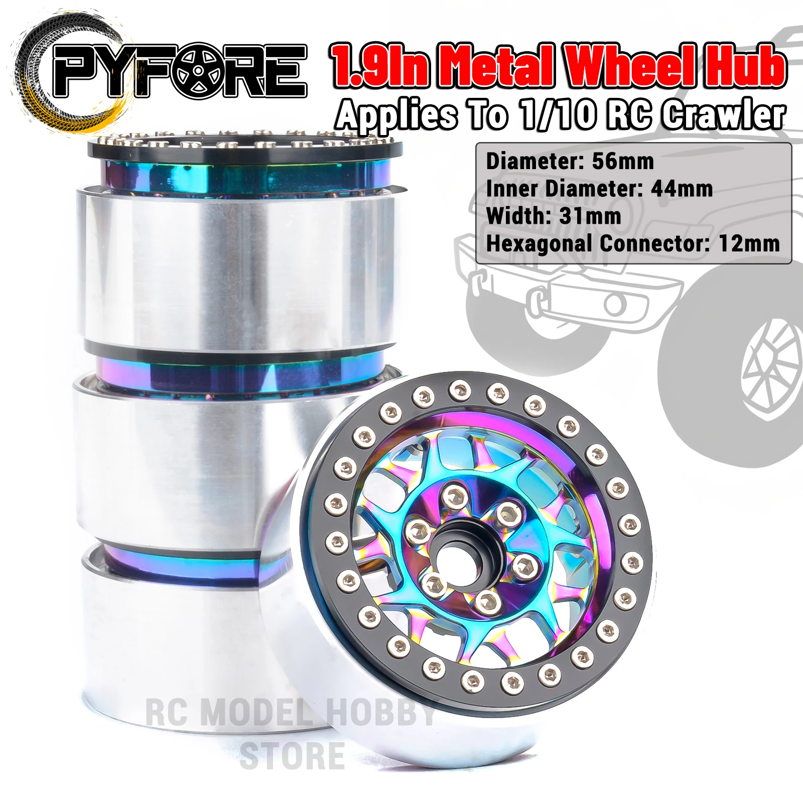 PYFORE 1.9インチ クライミングホイールハブ 4個タイヤ 56x31mm 12mm六角コネクター 1/10 1/8 RCモデルカー クローラーアクセサリー用