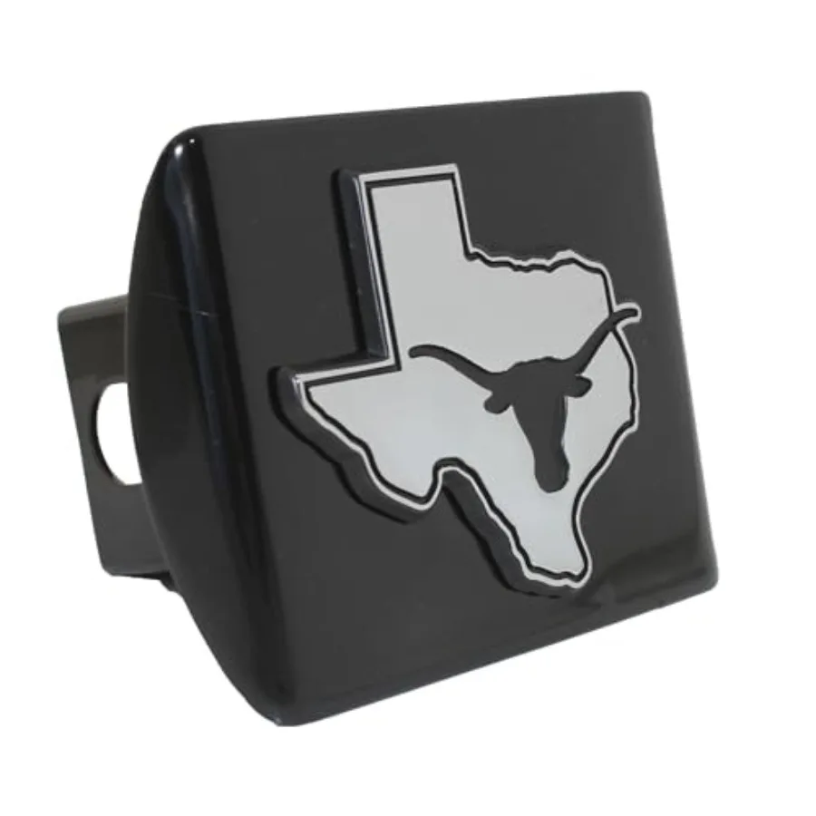 

UTX University of Texas Black with Chrome Debossed TX State Shape Longhorn Emblem Metal Trailer Hitch Cover Fits 2 Inch Auto Ca