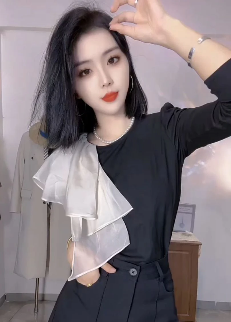 

Shirts Women Blouses 2026 Spring and Autumn New Irregular Mesh Hemp Splicing Slim Fashion Small Shirt