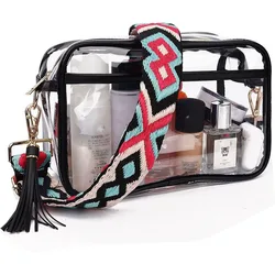 Transparent Crossbody Bags Clear PVC Sling Shoulder Bag Candy Color Woven Print Wide Strap Lady Phone Purse Travel Daily Wear