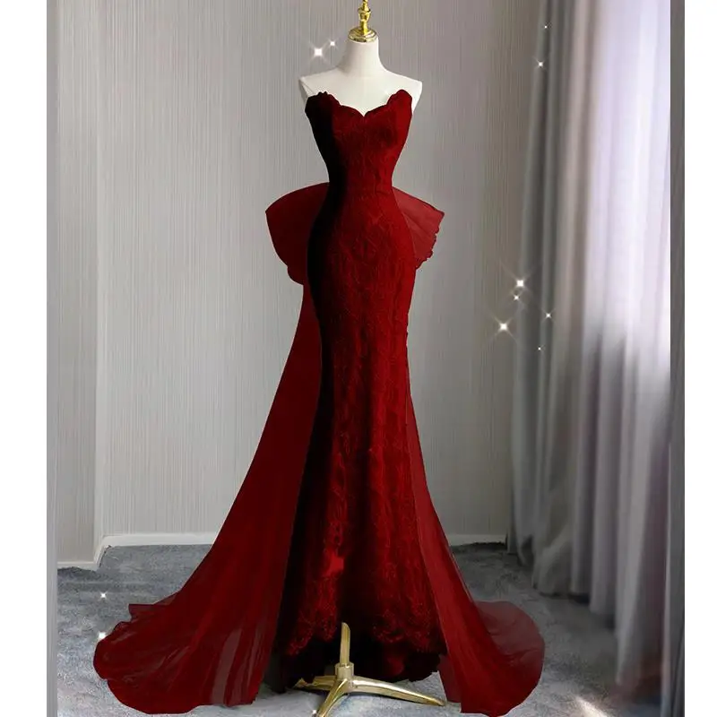 Customized Strapless Slim Waist Elegant Elegant Evening Dresses Solid Sleeveless Prom Dress Bow Design Back Long Trumpet Wedding