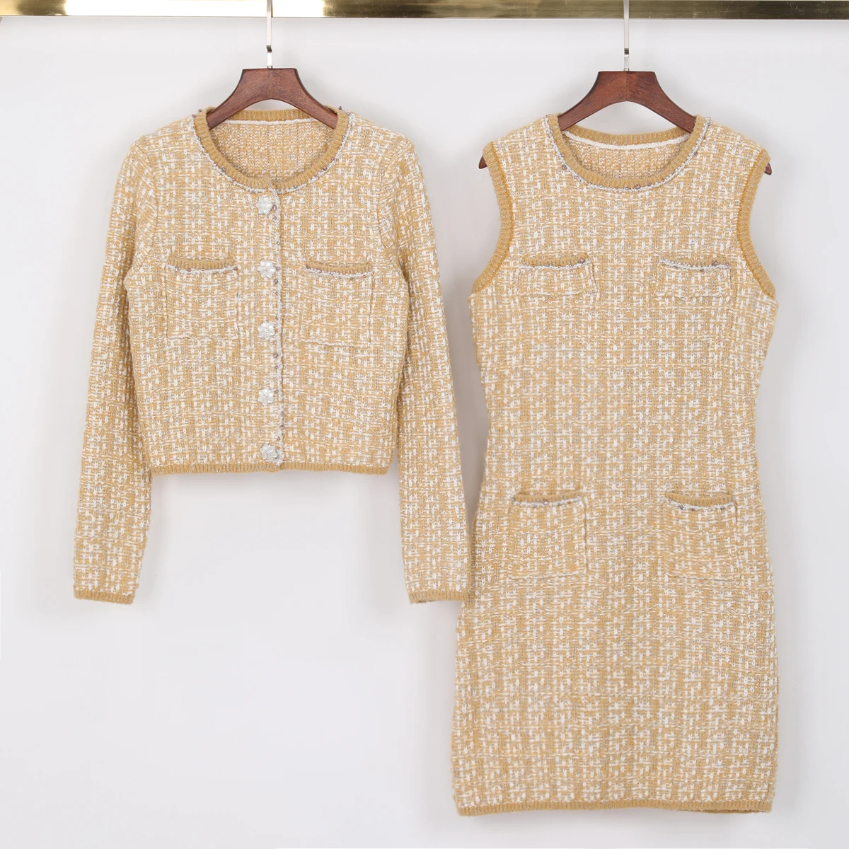 Generic Brand Women High End Spring Autumn Small Fragrant Style Knitted Top+Sleeveless Dress Nail Bead Socialite