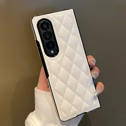 White Leather Plaid Pattern Phone Case For Samsung Galaxy Z Fold 7 Z Fold 6 Z Fold 5 Fold 4 3 Luxury Shockproof Protective Cover