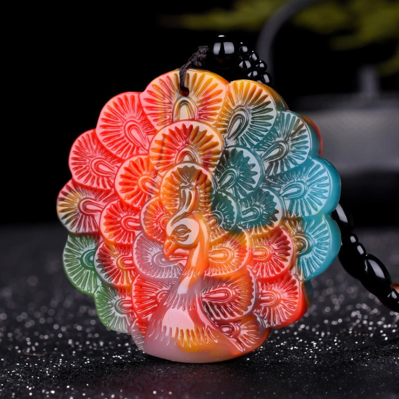 Chicken Blood Jade Floating Flower Peacock Open Screen Pendant Fashionable Men's and Women's Models