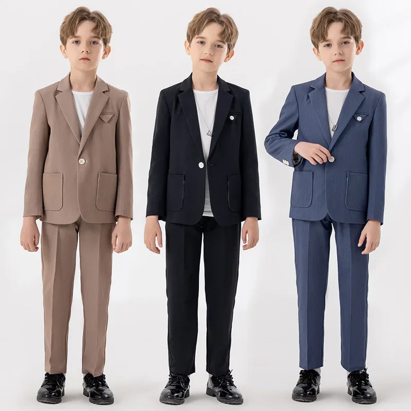 

Boys Blue Black Slim Fit Suits Formal Wear Childrens Teenagers Best man Performance Host Clothes Kids Students Party Full Dress