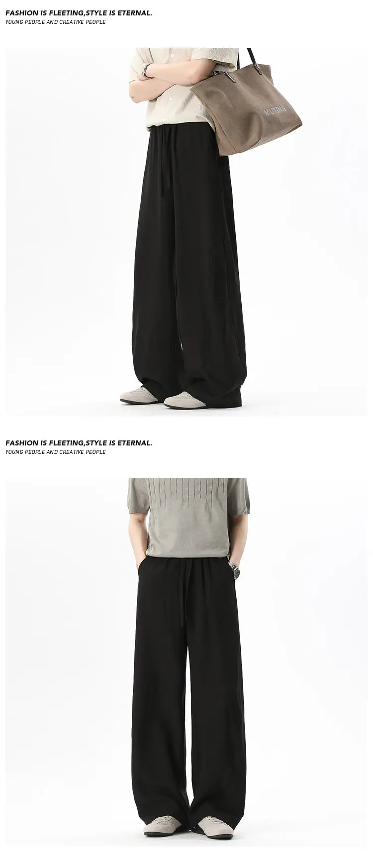 Herrenhose mit Kordelzug, elastischem Bund, weitem Bein, strukturiertem Stoff, locker geschnitten, gerade Hose für den Sommer, lässiges Alltagsoutfit. – Detail 6