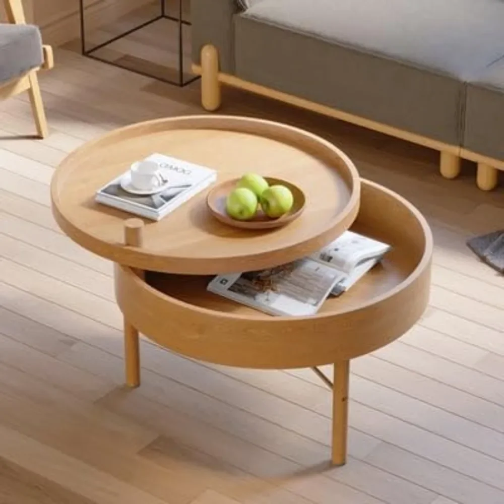 Coffee Table with Hidden Storage, Solid Wood Legs, Metal Support Frame, and Swivel Top, Round Rotating Coffee Table