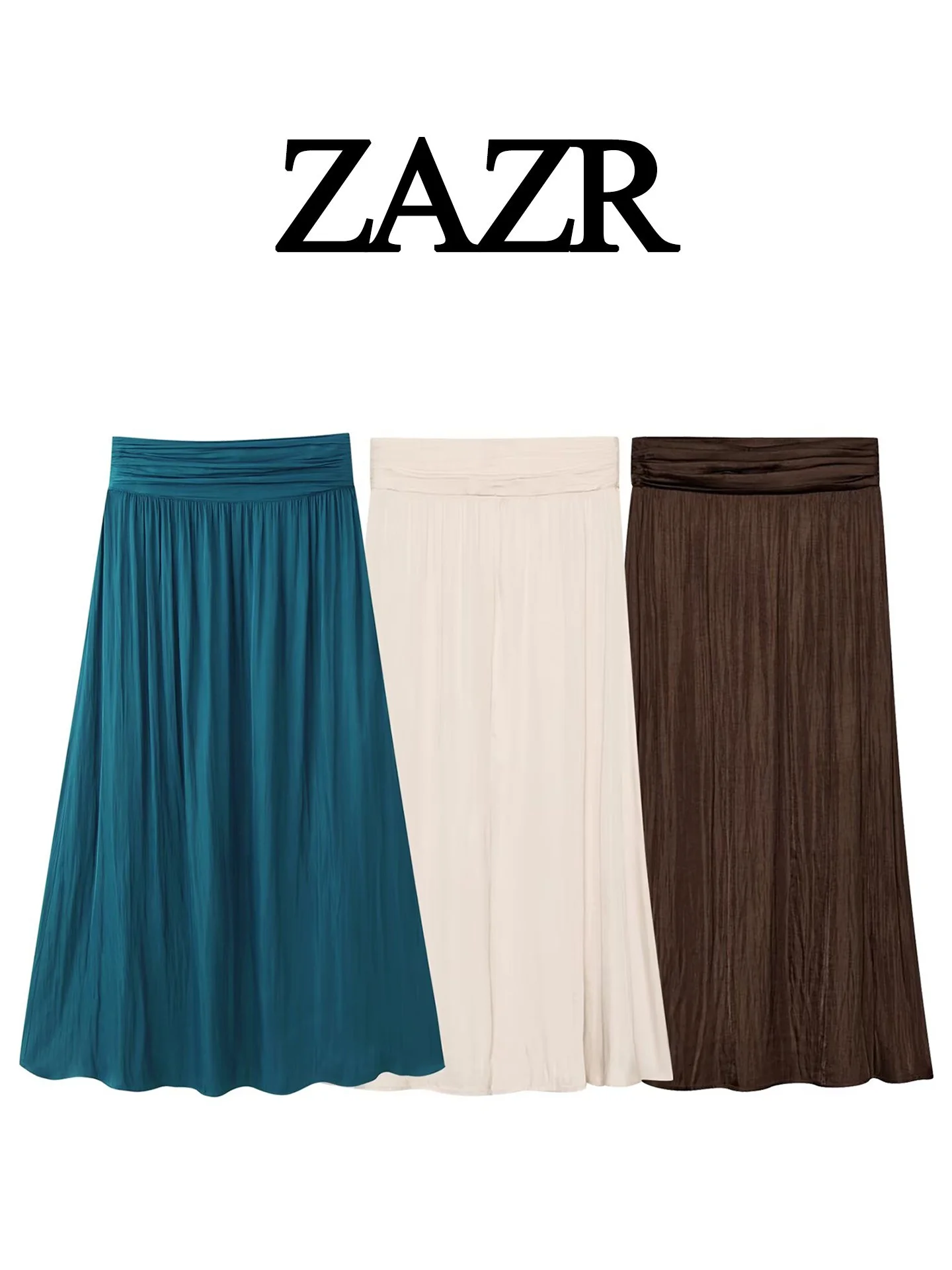 High Waist Pleated Midi Skirt Silk Satin Texture Women's New Fashion A-Line Skirt Standard Version Polyester Fiber