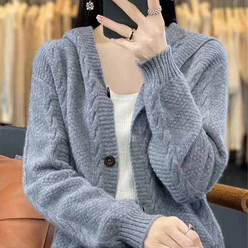 V-Neck Long-Sleeved Knitted Cardigan Women\'s Short Coat Sweater Spring And Autumn New Style With Solid Wool Simplicity