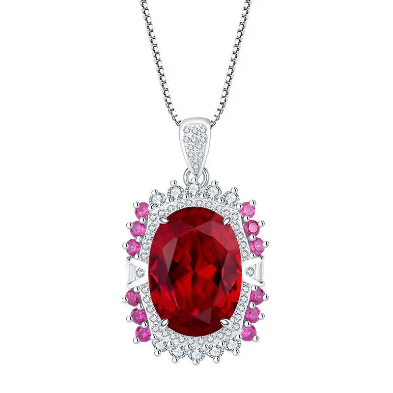 

S925 Silver Red Treasure Blue Treasure Style Diamond Set Denier 13 * 18 Women's Pendant Necklace Jewelry Wholesale