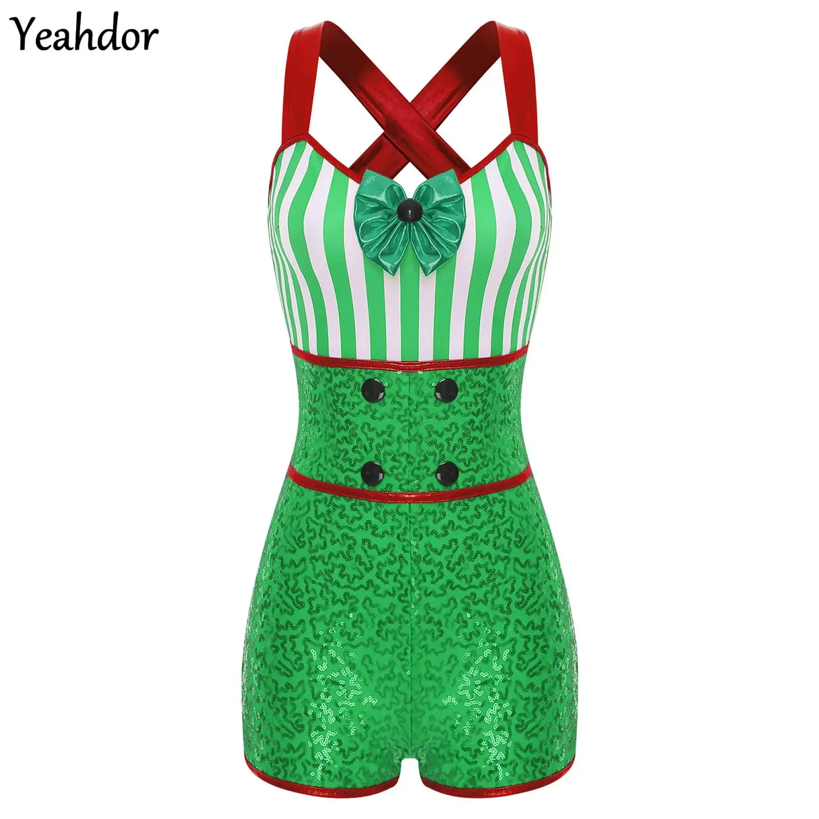 

Women Christmas Candy Cane Cami Jumpsuit Xmas Stripe Sequin Bodysuit Santa Claus Ballet Leotard Unitard New Year Romper Costume