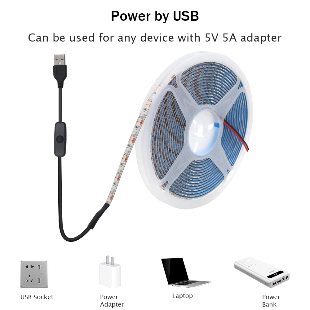 5V LED Strip Light with USB OFF ON Switch 2835 60Leds/m Flexible LED Tape Room Decor White Warm White Red Blue DIY TV Backlight