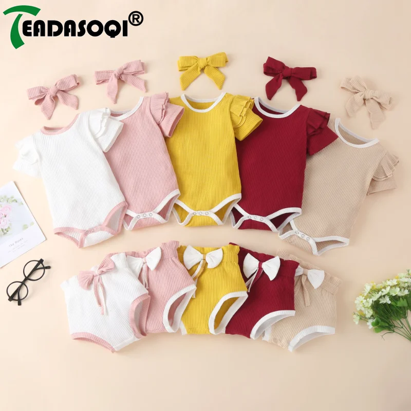 

Newborn Summer Baby Girls Clothes 3Pcs Set Toddler Button Romper New Born Infant Cute Outfit Ruffle Short Sleeve Shorts Headband