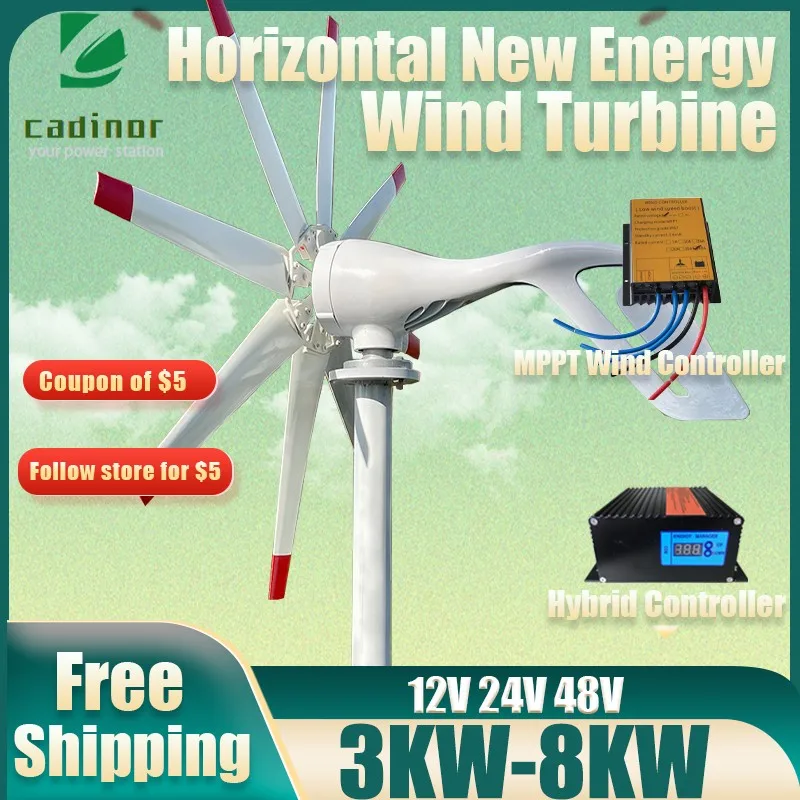 Factory Cheap 8KW Wind Energy Generator for Home 3000W 12V 24V 48V Free Power Turbine Horizontal Windmill With MPPT Controller