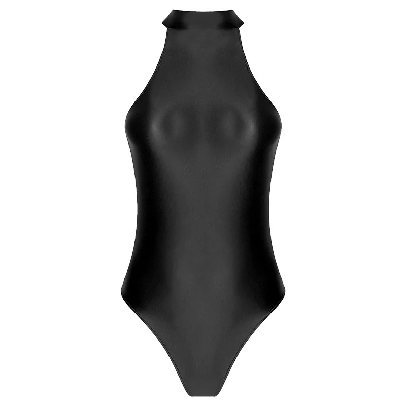Costume da bagno lucido a olio personalizzato Tuta con spacco alto Intimo sexy ad alta elasticità Liscio setoso che abbraccia l'anca Collo alto senza maniche