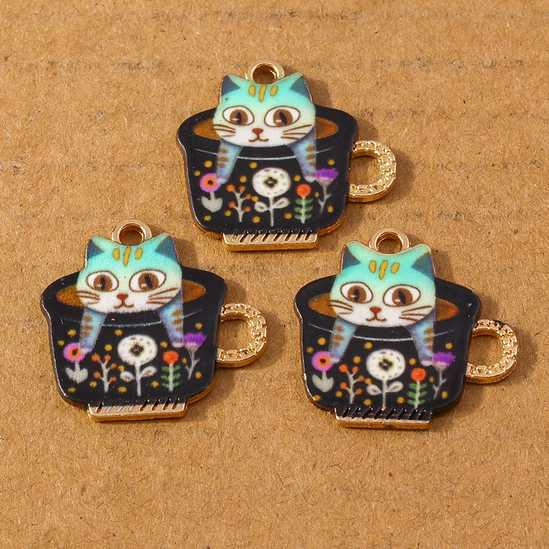 10pcs Cute Enamel Animal Cat Coffee Cup Charms Pendant for Jewelry Making Earrings Necklace DIY Bracelet Accessories Supplies