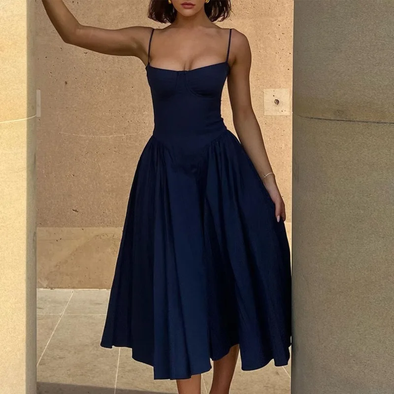 

Spaghetti Strap Deep-V Neck Women's Prom Dress Pleated Backless Bandage Gown Multiple Colors Party Skirt New Arrival In Stock