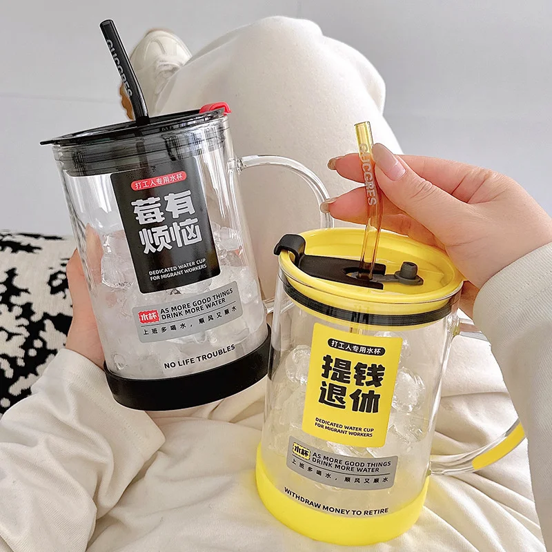 

High Borosilicate Glass Measuring Cup Large Capacity Straw Cup With Lid Handle Clear Scale Cup Home Milk Coffee Mug Drinkware